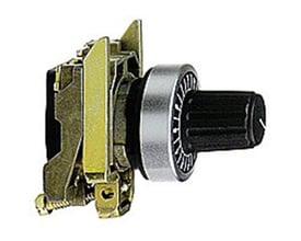 Schneider Electric potentiometer greb ZB4BD912, et sort greb med 22mm diameter og sølvfarvet metalring, vist fra siden på hvid baggrund.