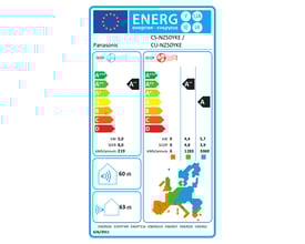 Energimærkat for Panasonic CS-NZ50YKE/CU-NZ50YKE luft/luft varmepumpe, viser energiklasser og lydenheder.