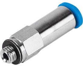 Festo lige forskruning QSK-M5-4 med M5 han-gevind, push-in fitting og selvafspærrende funktion. Den har en blå kappe og metalfinish.