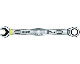 Metrisk Wera Joker ringskraldenøgle 10mm, med grøn markering ved gaflen og gul markering ved ringsiden. Sort baggrund.