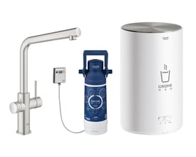 GROHE Red II Duo køkkenarmatur med L-tud i Supersteel samt M-kedel og filter.