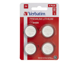 Verbatim CR2430 3V lithium knapcellebatterier i en 4-pak. Emballagen er rød med tydelig branding og produktinformation.