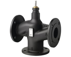 Siemens VXF53.40-16 3-vejs ventil med flange, DN40 og PN25, viser dens sorte støbejernskonstruktion med mærkning.