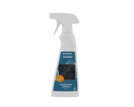 Nordic Quality keramisk kogepladerens på 250 ml med sprayhoved, citronduft og indikation af egnethed til induktion.