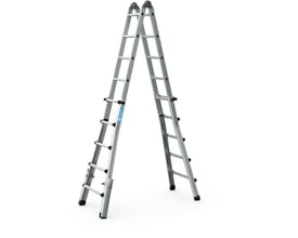 Zarges Variotec V kombistige udstillet som en A-formet stige, der viser dens 4x5 trin og aluminiumskonstruktion i et rent studieopstilling.
