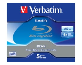 Emballagen til Verbatim BD-R SL Datalife Blu-ray-skiver med 25 GB kapacitet, 6x hastighed og 5-pak.