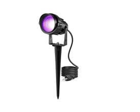 Sort UV 395nm LED projektør med 10W effekt og 230V til udendørs brug, med jordspyd og kabel.