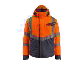 Mascot Pilotjakke Hastings Hi-Vis i orange og mørkeblå, str. 4XL, med reflekser og aftagelig hætte.