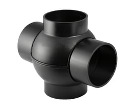 Geberit PEH dobbelt grenrør i sort plast med 75 mm diameter og 180 graders forskudte tilslutninger.