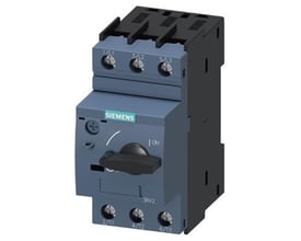 Siemens S0 maksimalafbryder til motorbeskyttelse med 0.22-0.32A indstillingsområde og skrueterminaler, vist fra siden med tænd/sluk-håndtag.