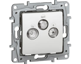 Legrand Niloé TV/R-SAT udtag i hvid, skærmet, med stik til TV, radio og satellit på grå monteringsramme.