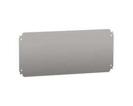 Schneider Electric galvaniseret montageplade i stål, 300 x 600 mm, med monteringshuller i hjørnerne, vist på hvid baggrund.