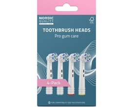 Nordic Quality Pro Gum Care tandbørstehoveder i 4-pak på emballage med moderne grafisk design og FSC-logo.