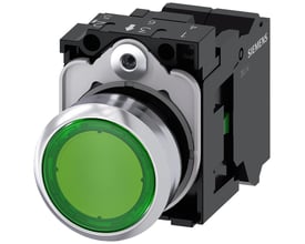 Siemens 22mm oplyst trykknap i metal med skinnende kromring og grøn front, 1NO kontakt og fjederklemme.