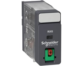 Schneider Electric Harmony RXG stikbensrelæ med 1 C/O kontakt, 10A, 120 VAC og testknap.