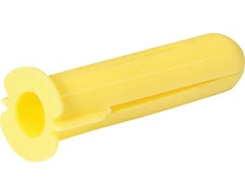 Gul plug i plast, 5,5 mm i diameter og 23 mm i længde, med en bred krave og slidser for bedre greb i materialer.