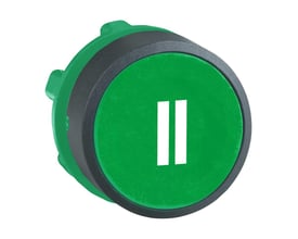 Frontvisning af Schneider Electric grøn trykknap med "II" symbol og mørkegrå kant.