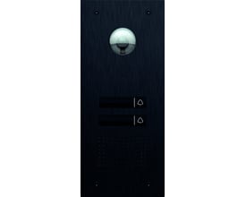 Niko videodørtelefon med 2 tryk, HD kamera og belyst display i børstet mørkeblå metal med to ringeklokkeikoner.