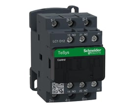 Schneider Electric TeSys LC1-D 12A 3-polet kontaktor med 230V AC spole, vist med en let vinkel på hvid baggrund.