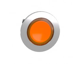 Schneider Electric lampetrykhoved ZB4F LED i orange med flush montage og kromdetaljer på hvid baggrund.