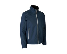 ID Identity navy softshell jakke i størrelse S, med tre-lags ID Tech® kvalitet og lynlåsdetaljer på hvid baggrund.