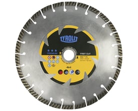 Bagside af Tyrolit DCU***-FC diamantklinge med specifikationer for "Fast Cut" og 4in1 universal anvendelse.