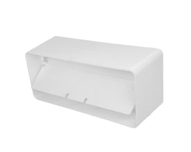 Et hvidt Thermex samlemuffe med spjæld til fladkanal, med dimensionerne 220 x 90 mm, vist fra siden på hvid baggrund.