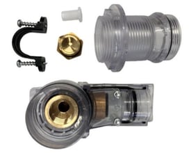 Enkel push box koblingsdåse i bronze og klar plast til 15 mm rør og 1/2" gevind, med medfølgende monteringsudstyr.
