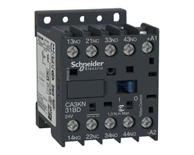 Schneider Electric hjælperelæ 3SL+1BR med 110 DCV spole, 3NO-1NC kontakter og LED-indikator monteret på DIN-skinne.