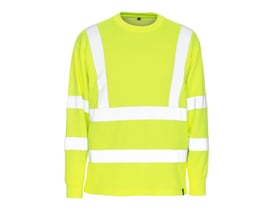 Bagfra af Mascot Melita sweatshirt i gul, XL, med reflekser og forlænget ryg samt slids i siderne.