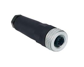 Lige 5-polet M12-hunstik fra Telemecanique Sensors, model XZCC12FDM50BJ, med sort hus og sølvfarvet ring.