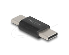 DeLock USB-C-adapter med hanstik i begge ender og angivet hastighed på 10 Gbps, vist skråt med sort hus.