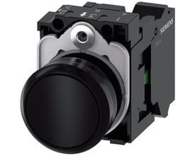 Siemens 22mm rund trykknap i sort plast med 1 sluttefunktion (NO) og fjederklemme, vist fra siden.