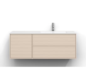 Svedbergs Epos underskab med jalusi i hvid ask, 120x45 cm, set forfra med lamelfronter og hvid vask ovenpå.