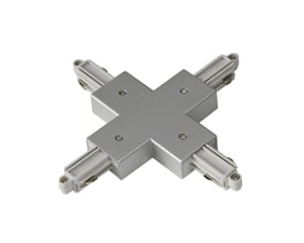 SLV grå X-samlestykke til 1-faset påbygningsskinne i plast med fire tilslutningspunkter, sat på hvid baggrund.