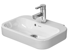 Duravit Happy D.2 håndvask på 50 cm med poleret krom vandhane og afløb på en hvid baggrund.