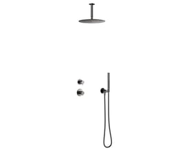 Damixa Iris termostatbatteri til indbygning, børstet grafit grå messing med rund hovedbruser og stick håndbruser.