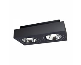 SpectrumLED Mirora AR111 X2 sort dobbelt påbygningsspot med to justerbare GU10-spot, set skråt nedefra.