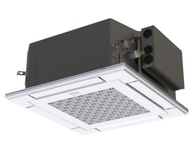 Panasonic kassette 60x60 S-25PY3E klimaanlæg med hvid frontgrill og mørkegrå indkapsling på hvid baggrund.