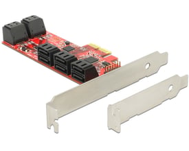DeLOCK PCI Express x2-kontrollerkort med 10 SATA-stik på rødt printkort samt standard- og lavprofilsdækplade.