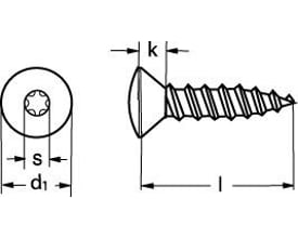 Teknisk tegning af 3,9x16 mm syrefast A4 linsehoved pladeskrue med Torx TX15 kærv og målindikatorer.