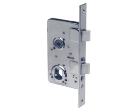 ASSA ABLOY 245-låsekasse til venstre dør, blankforniklet, set skråt forfra med stolpe, falle og rigel.