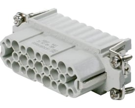 Weidmüller HDC industristik hun-indsats med 25 poler og jord, klar til crimp-ben, vist på hvid baggrund.