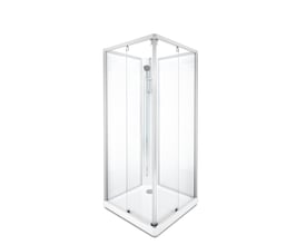 Contura Showerama 10-5 classic brusekabine, 90x90 cm, med klart glas og aluminiumsprofiler. Visuelt fokus på design og materialer.