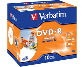 Emballagen til Verbatim DVD-R-medier med orange og blå design, printbar overflade, 4,7 GB kapacitet og 16x hastighed.
