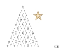 Teknisk tegning af Star Trading LED juletræs lysnet med 55 LED-stjerner og cirkler, viser dimensioner og tilslutningskabel.