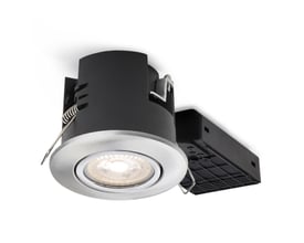 Nordtronic Uni Install G2 indbygningsspot med børstet aluminiumsring og sort krop, inkluderer tilslutningsboks.