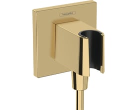 Hansgrohe FixFit E slangeudtag med bruserholder i poleret guld-optik. Fremstillet af plast med 1/2" tilslutning og sort greb.