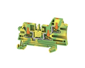 Detaljeret billede af Weidmüller gennemgangsklemme AL3C 2.5 PE, der viser den interne PUSH IN mekanisme i gul og grøn.