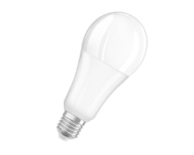 Enkel Osram LED standard mat pære set fra siden med E27 fatning på hvid baggrund.